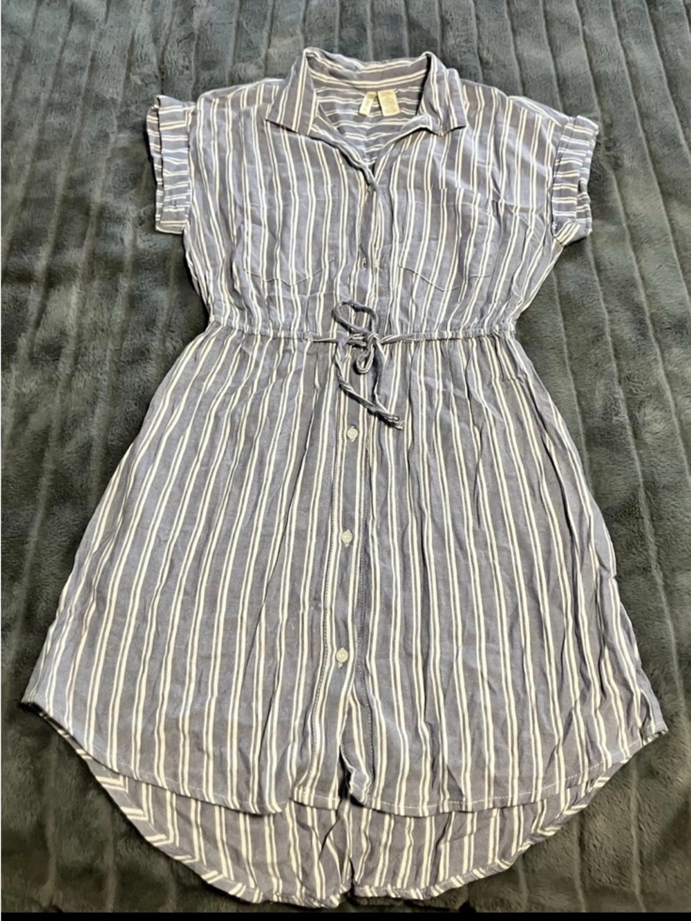 Striped Blue Drawstring Shirt Dress